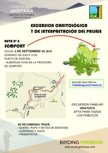 Este sábado 9 de septiembre, de 9 a 13 h podremos disfrutar de una excursión ornitológica y de interpretación del paisaje por el entorno de Somport. La ruta es gratuita y apta para todos los públicos, con punto de partida en el Albergue Aysa en la frontera. Organizada por la Comarca de la Jacetania, requiere inscripción previa gratuita, hasta el viernes día 7 a las 14h, en: turismo@jacetania.es (indicando nombre y apellidos, DNI, edad y teléfono de contacto).